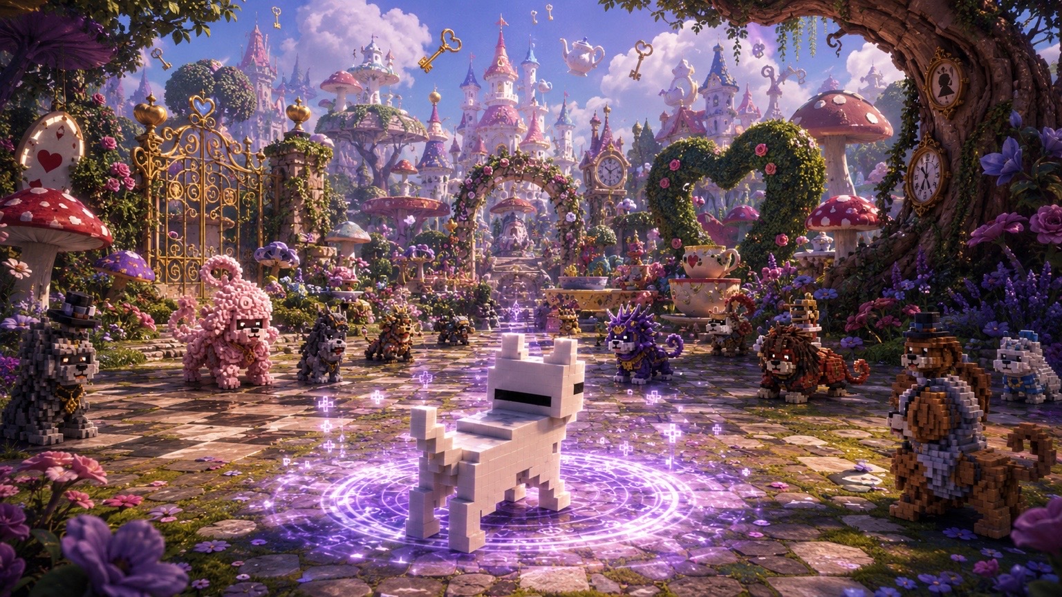 A luminous Wonderland city filled with customized voxel Relay Dogs around the original white Relay Dog