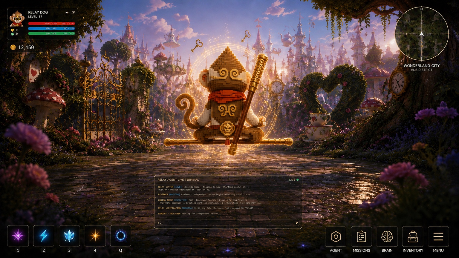 Relay Wonderland workspace showing a customized Relay Dog, live mission terminal, agent statistics, abilities, and navigation
